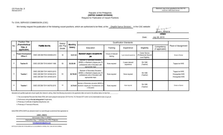 (Deped Samar Division) : CS Form No. 9 | Download Free PDF | Academic ...