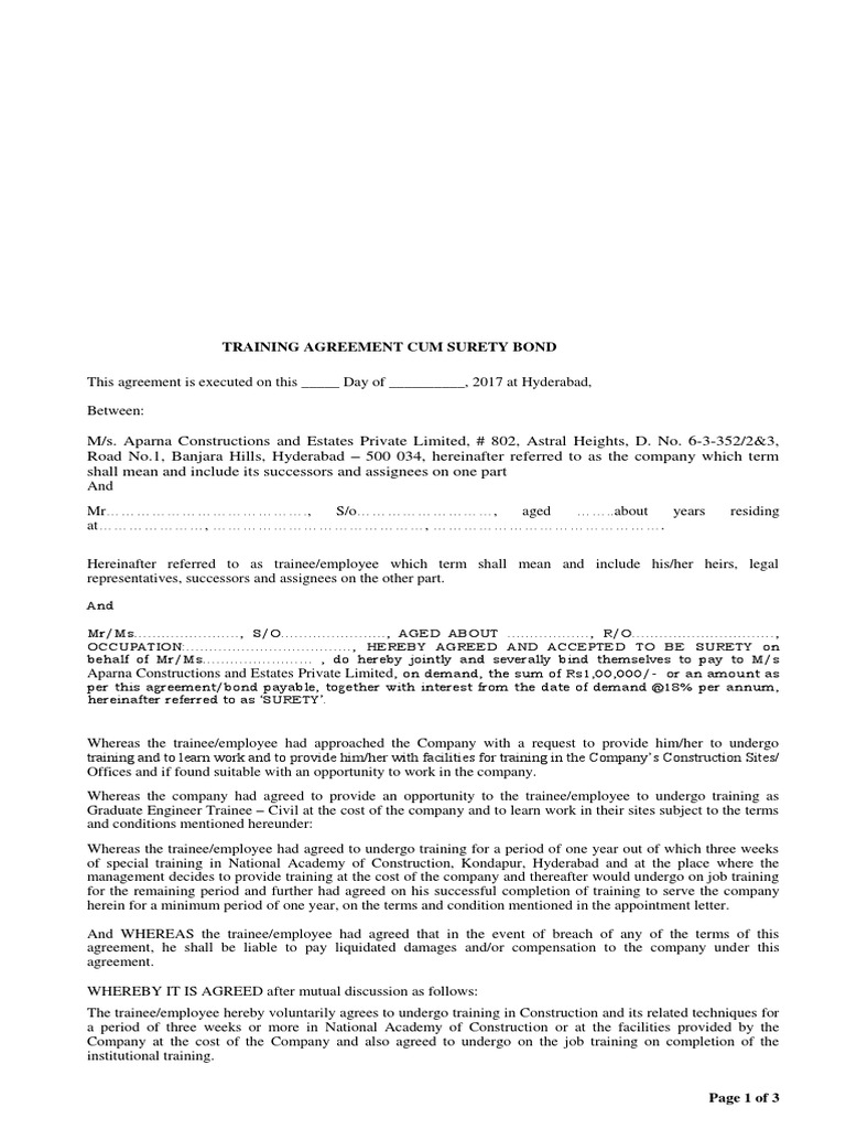 Training Agreement Cum Surety Bond PDF Arbitration Employment