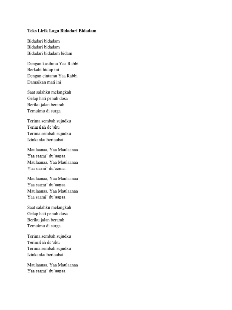 Teks Lirik Lagu Bidadari Bidadam