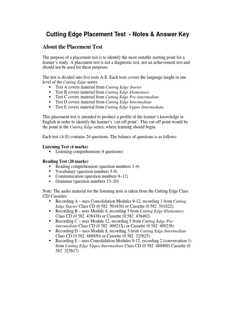 Cutting Edge Placement Test Guide | PDF | Teaching Methods & Materials