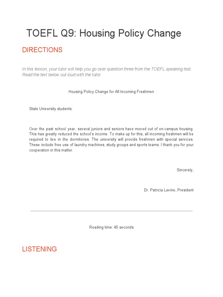 TOEFL Q9 - Housing Policy Change | PDF | Dormitory | Learning