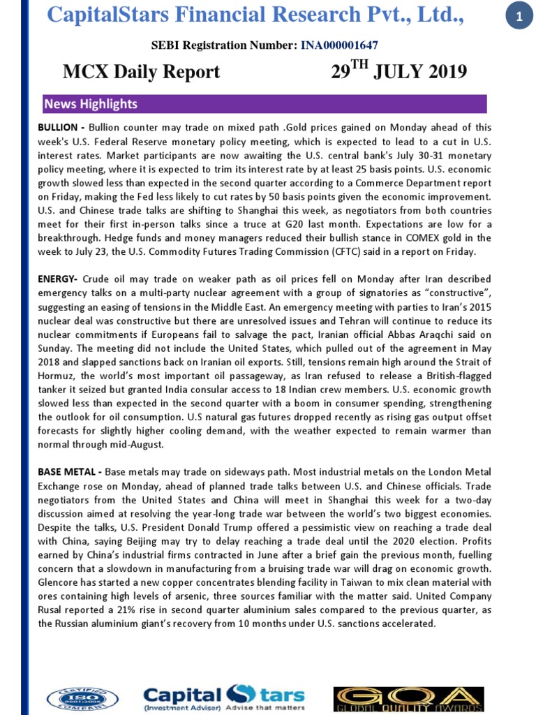 29 July 2019 MCX Daily Report | PDF | Trade | Gold As An Investment