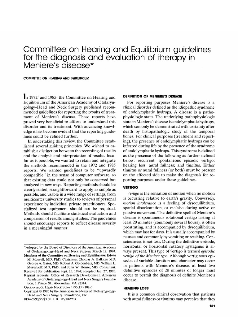 Meniere Disease Guideline PDF Ménière's Disease Vertigo