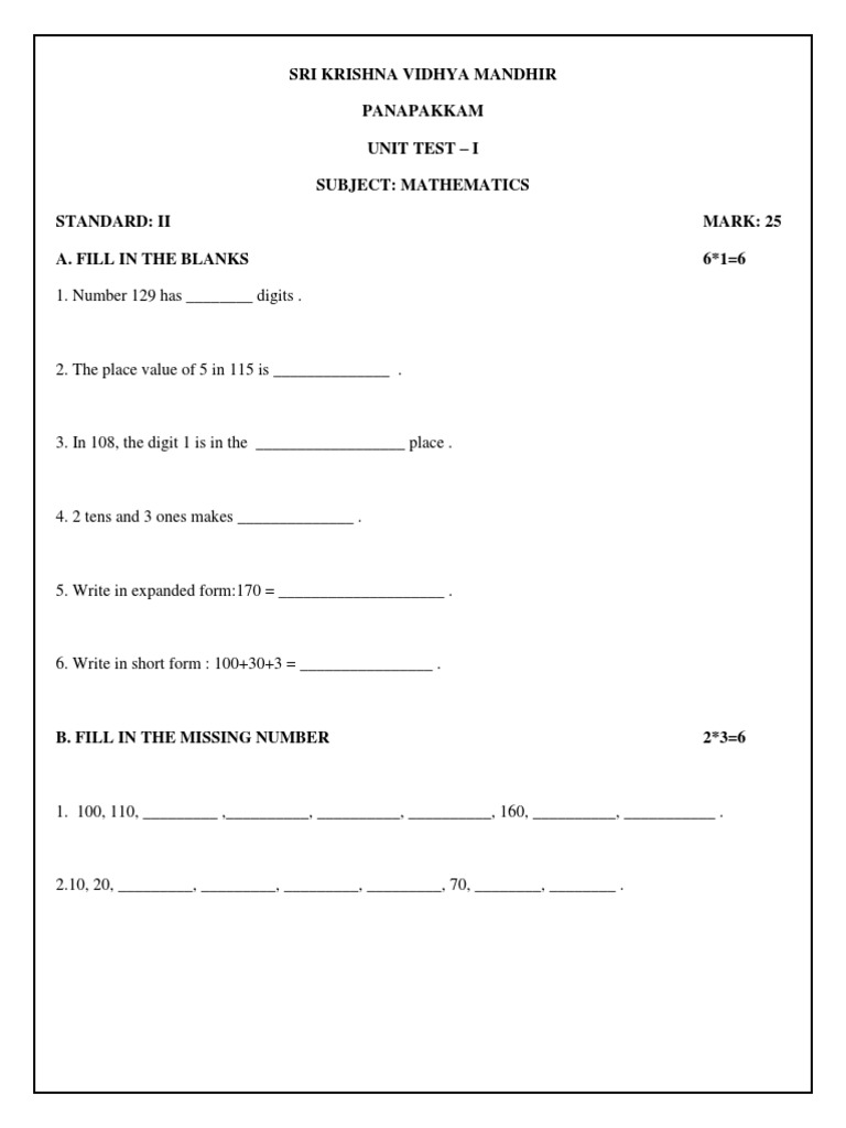 Grade 2 Mathematics Unit Test 1 | PDF