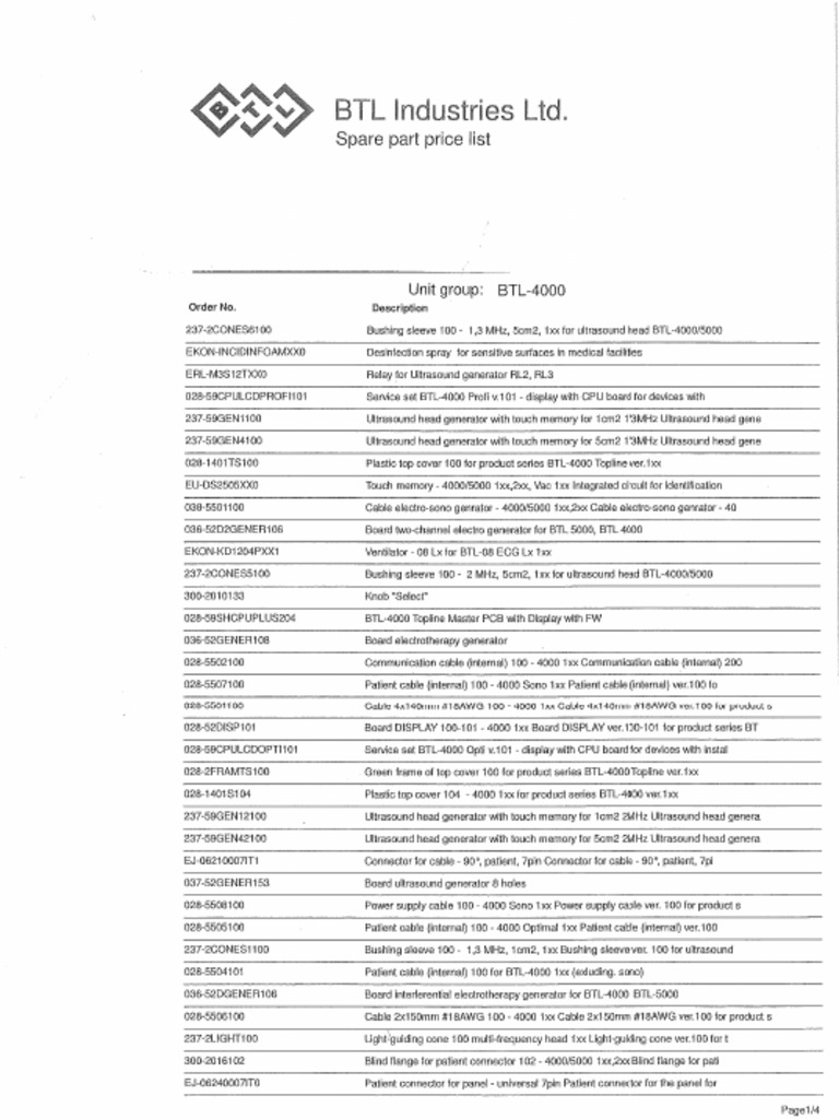 BTL 4000 Spare Parts List | PDF