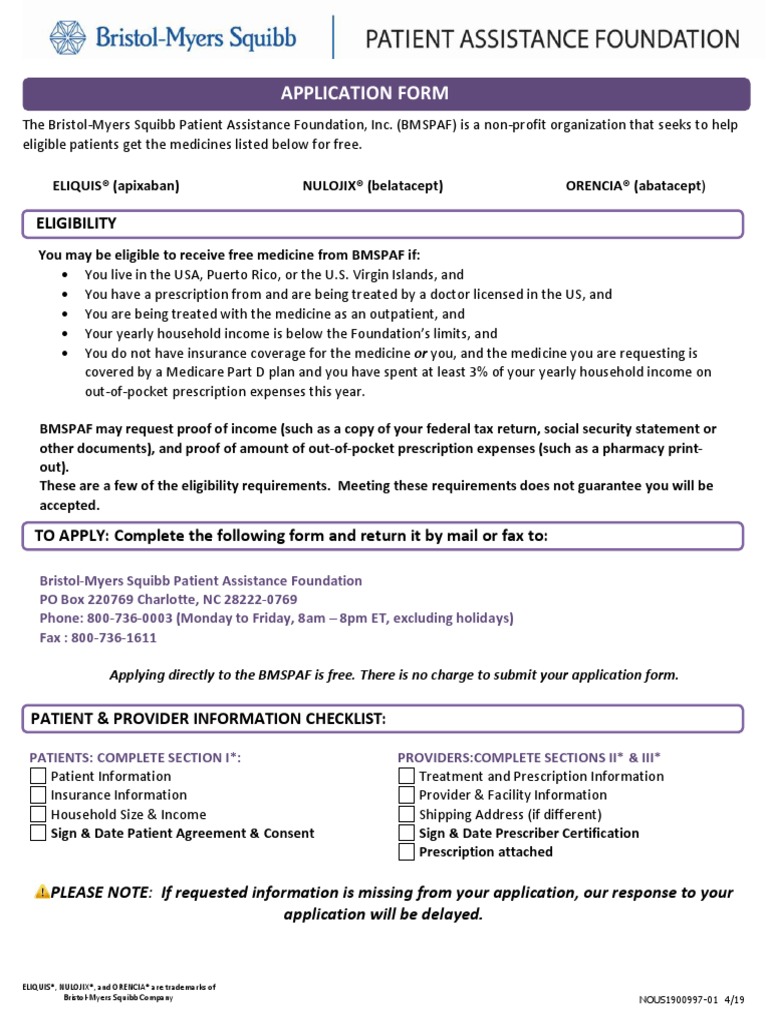 BMS Patient Assistance Foundation PDF Medicare (United States