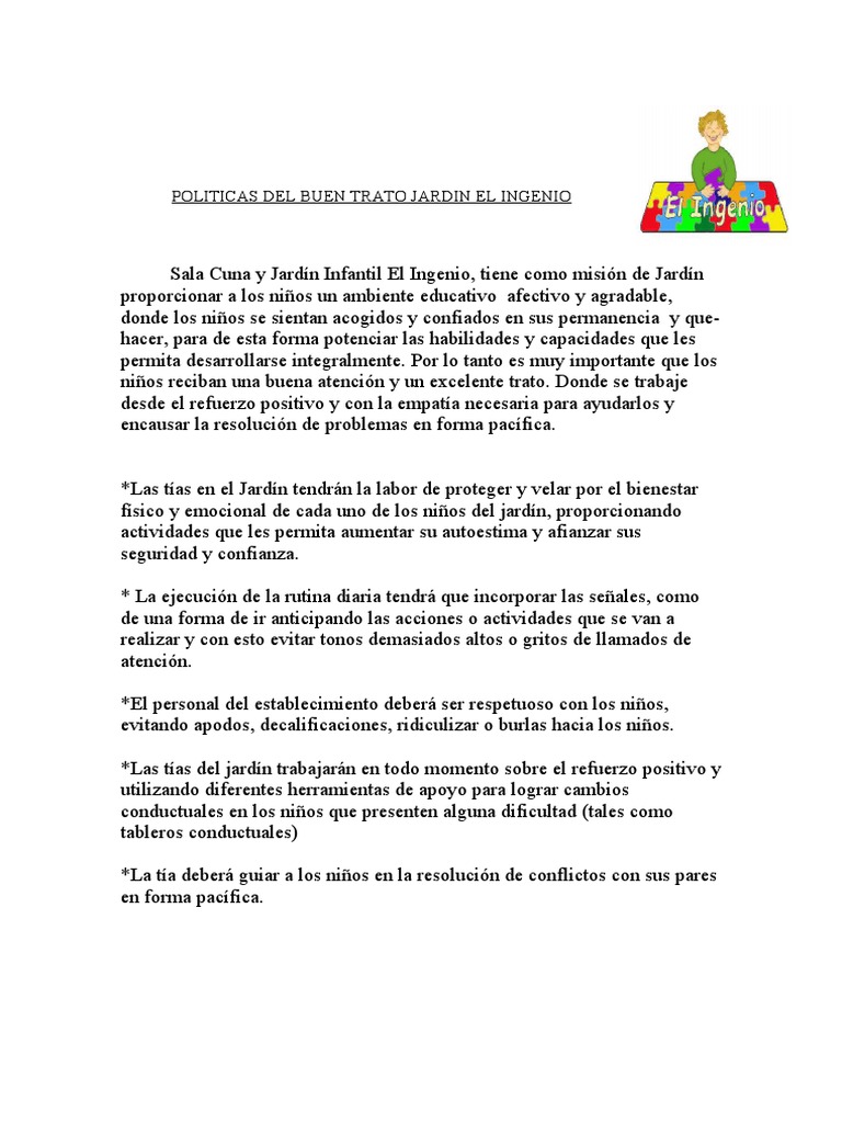 Políticas de Buen Trato en Jardín Infantil | PDF | Educación de la ...