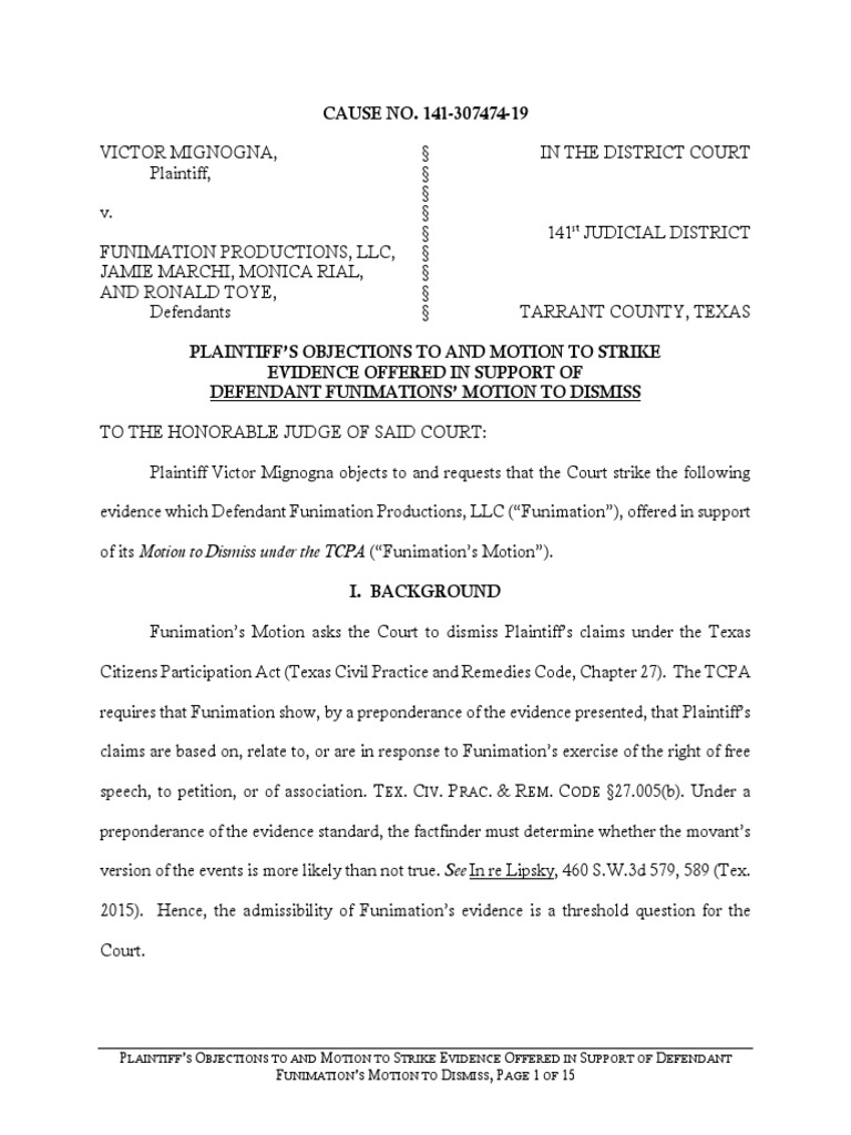 Plaintiff's Objections To and Motion To Strike Evidence Offered in ...