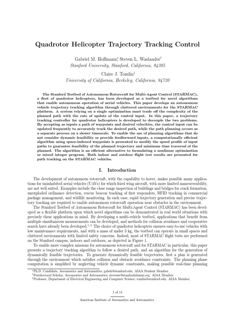 Quadrotor Helicopter Trajectory Tracking Control PDF | PDF | Flight ...