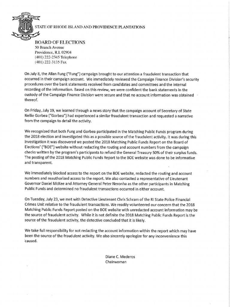 Rhode Island Board of Elections Statement