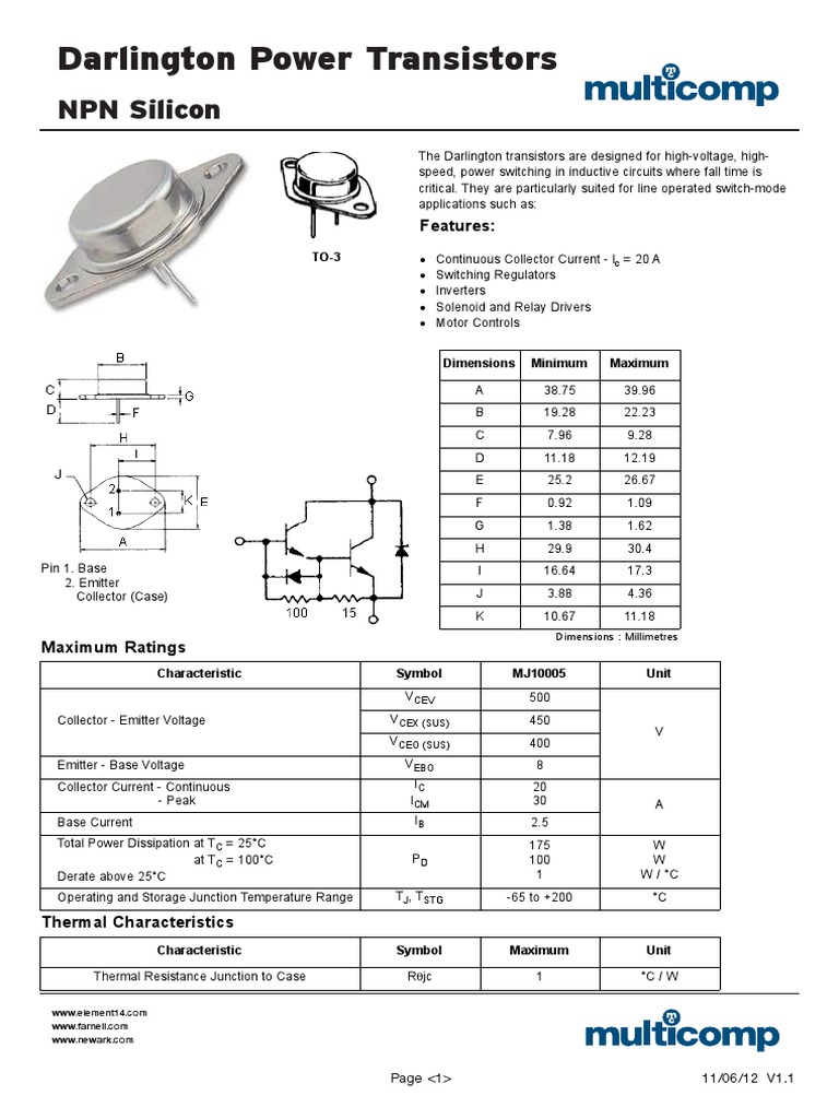 Darlington Power Transistors: NPN Silicon | PDF | Bipolar Junction ...