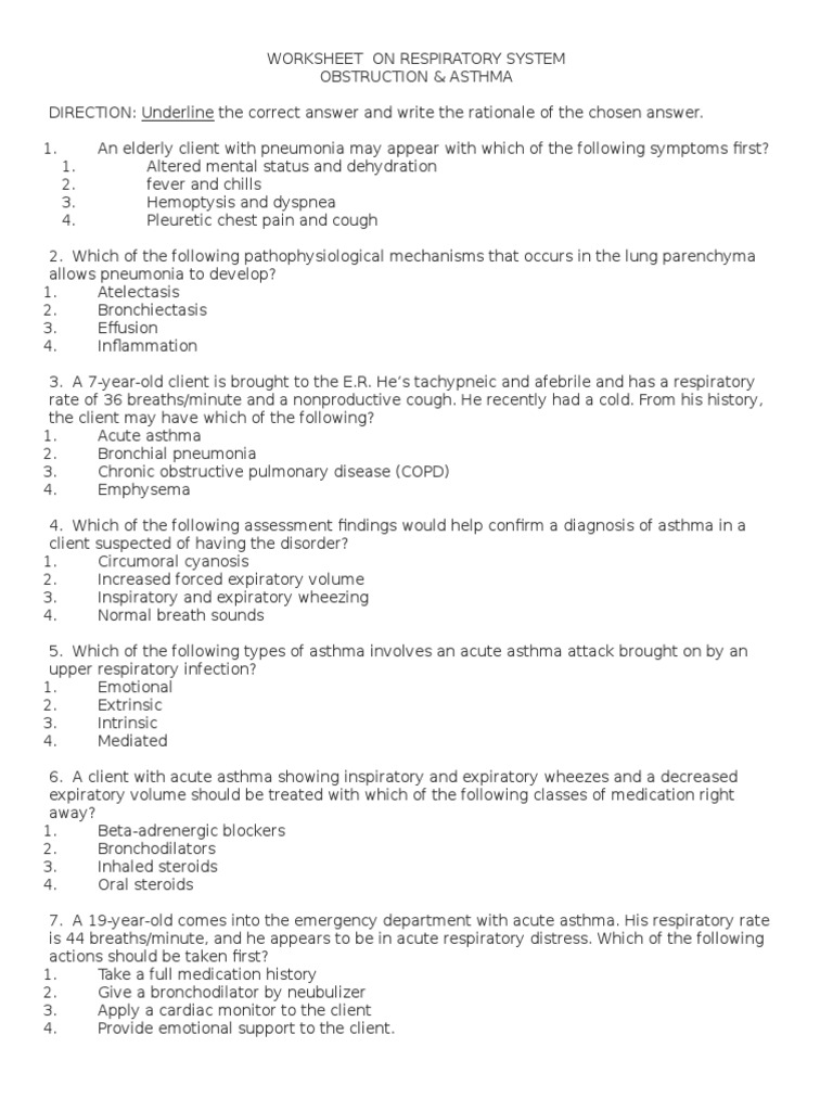 Worksheet On Obstruction and Asthma | PDF | Chronic Obstructive ...