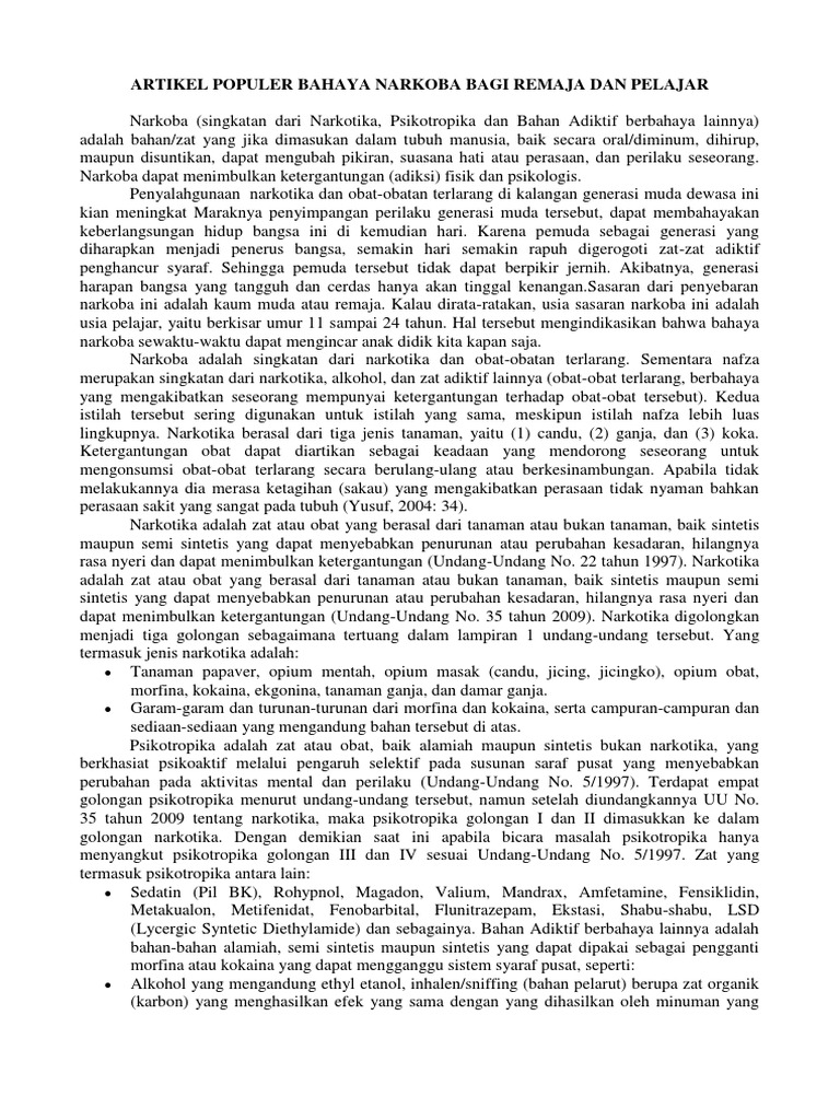 Artikel Populer Bahaya Narkoba Bagi Remaja Dan Pelajar