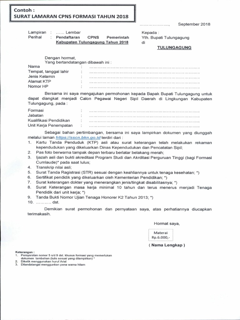 Contoh Surat Lamaran Kerja Cpns Kabupaten