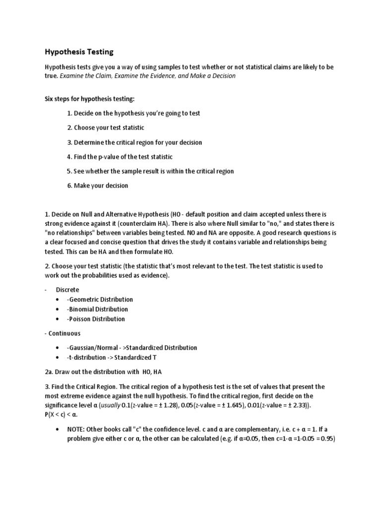 ASV CribSheet Hypothesis Testing PDF Statistical Hypothesis Testing