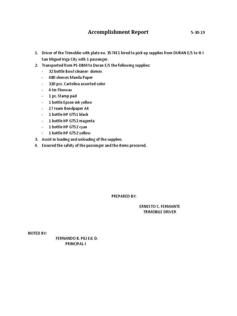 Driver Accomplishment Report Sample | PDF