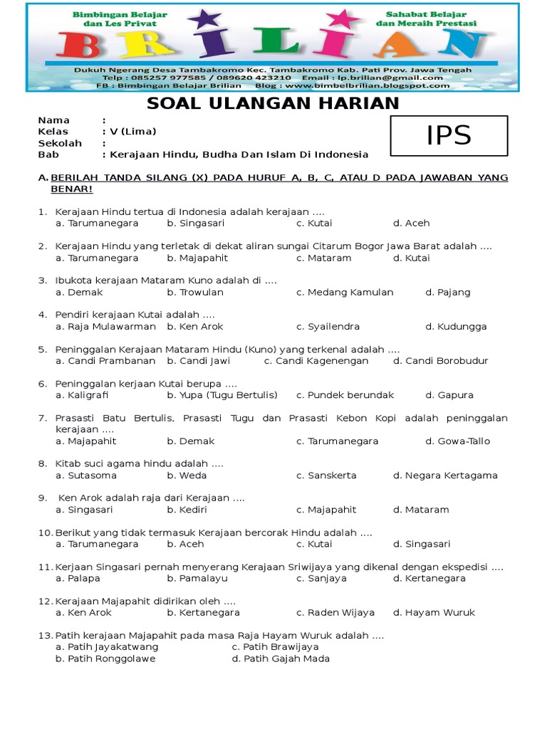 Soal Ips Kelas 5 Sd Bab 1 Kerajaan Hindu Budha Dan Islam Di Indonesia
