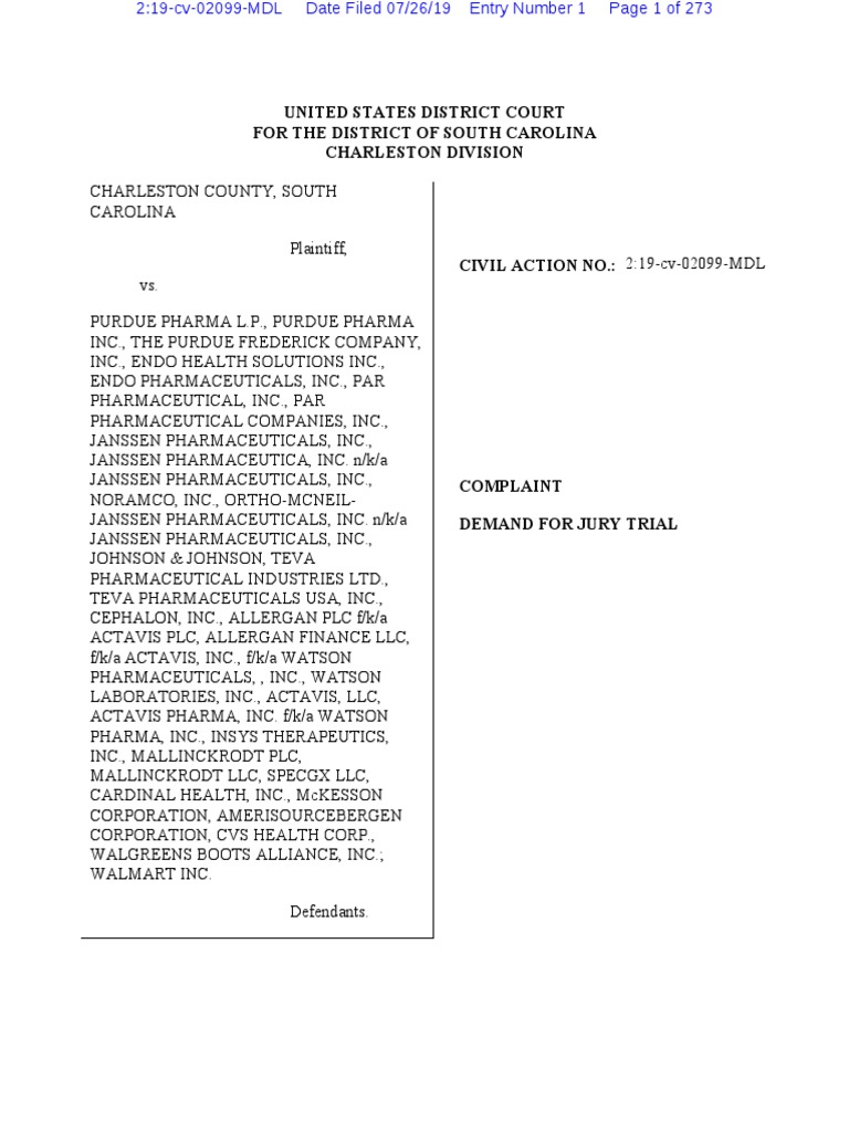 Purdue Pharma Opioid Lawsuit Full Complaint (North Charleston, Charleston  County) | PDF | Prescription Drugs | Opioid