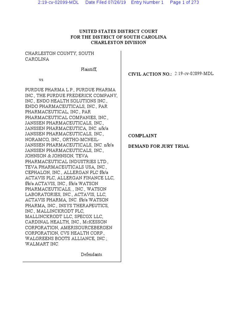 Purdue Pharma Opioid Lawsuit Full Complaint (North Charleston, Charleston  County), PDF, Prescription Drugs