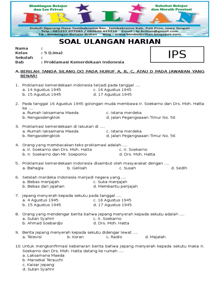 Soal Ips Kelas 5 Sd Bab 8 Proklamasi Kemerdekaan Indonesia Dilengkapi Kunci Jawaban Pdf