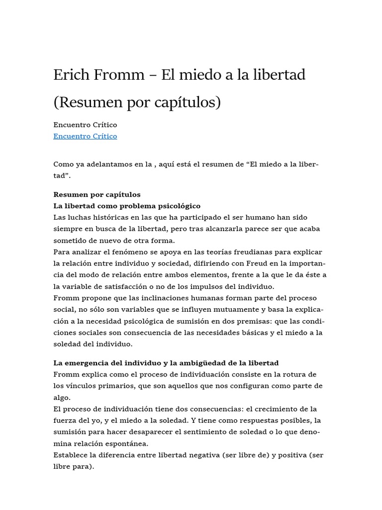 Resumen Fromm El Miedo A La Libertad Pdf Erich Fromm Sicologia