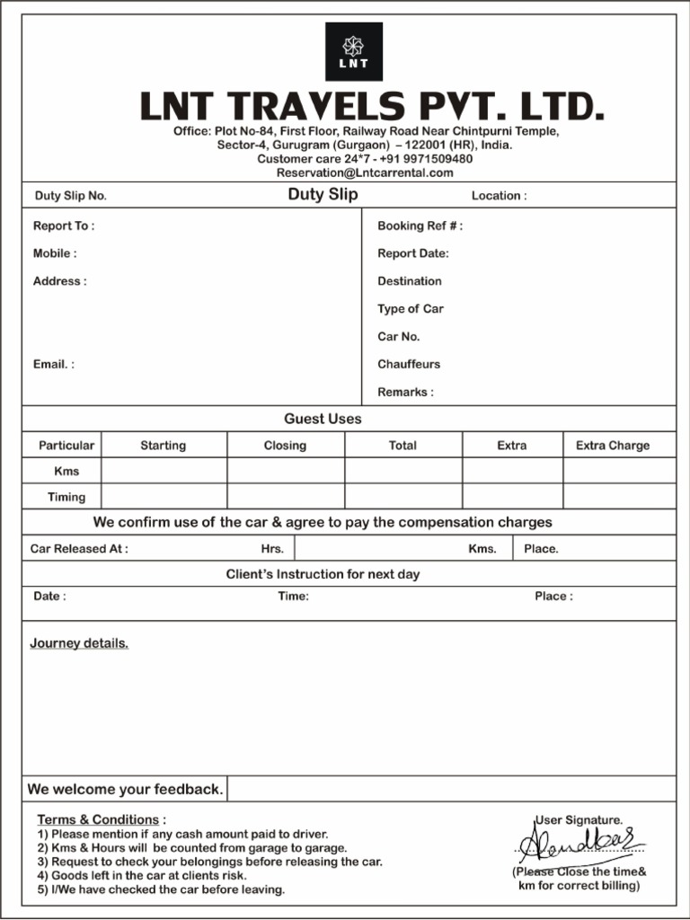 LNT Duty Slip Format PDF