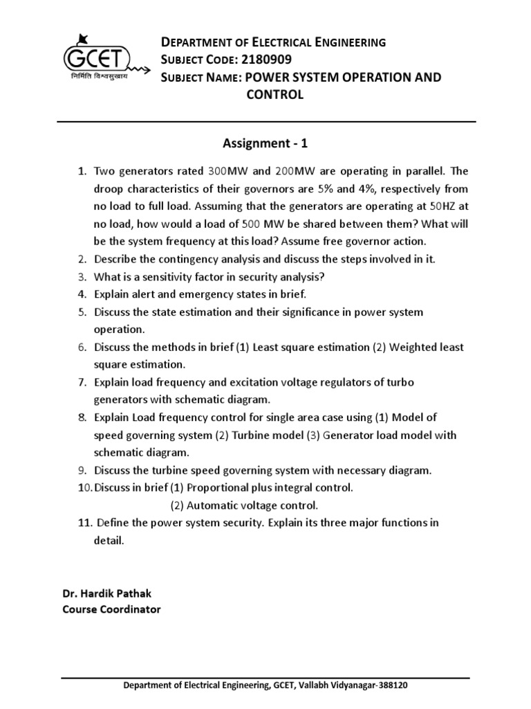 S C 2180909 S N Power System Operation AND Control Epartment of