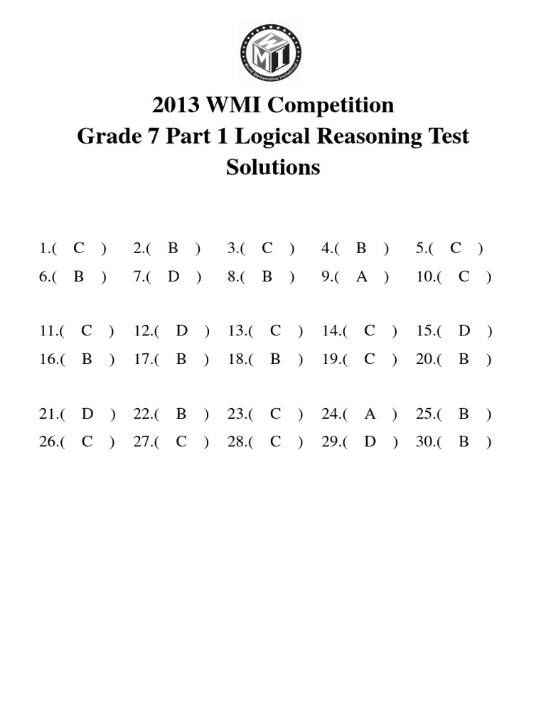 Grade 7 logical reasoning test solutions with key for 2013 WMI ...