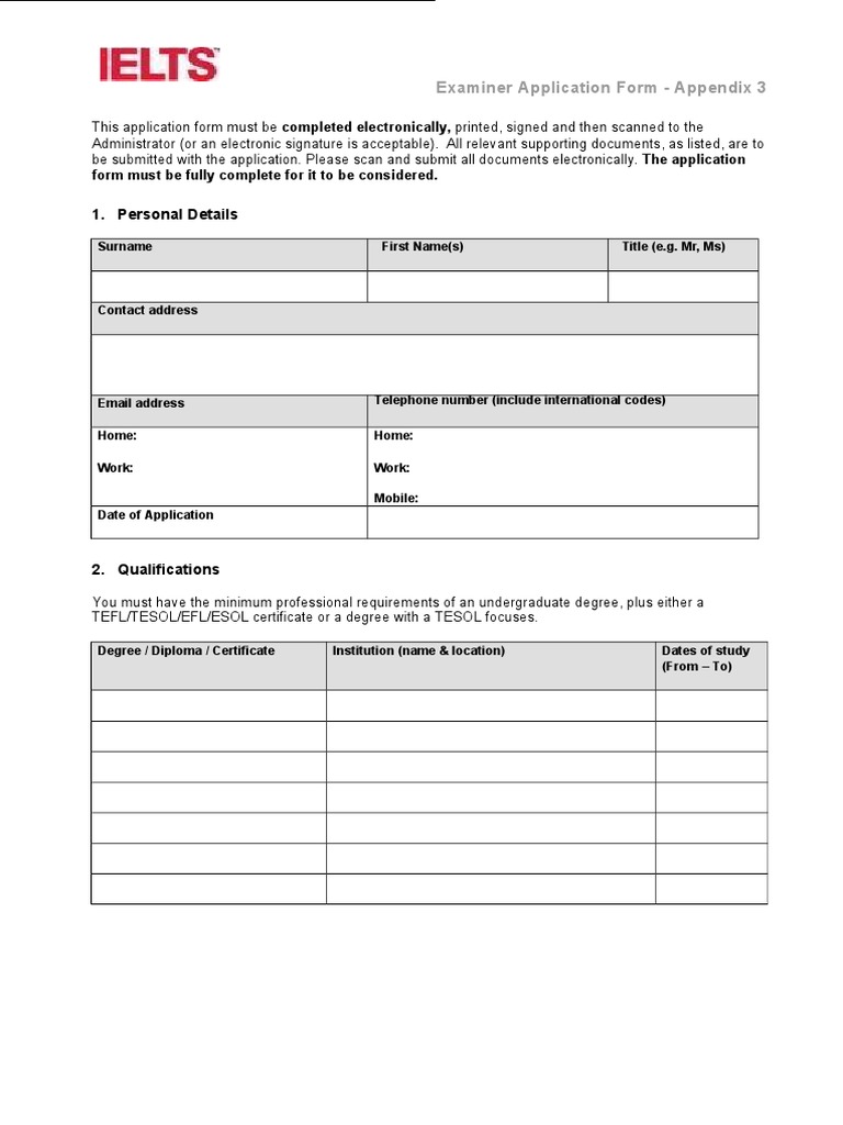 Appendix 3 - Examiner Application Form | PDF | International English ...
