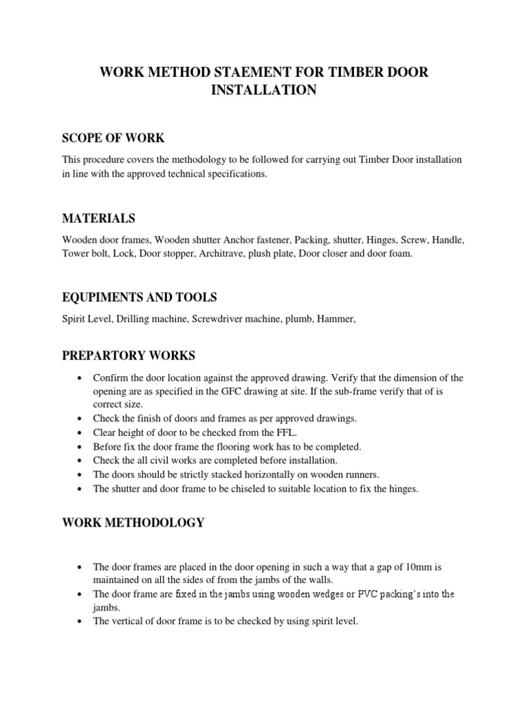 Timber Door Installation Method Statement | PDF | Door | Screw