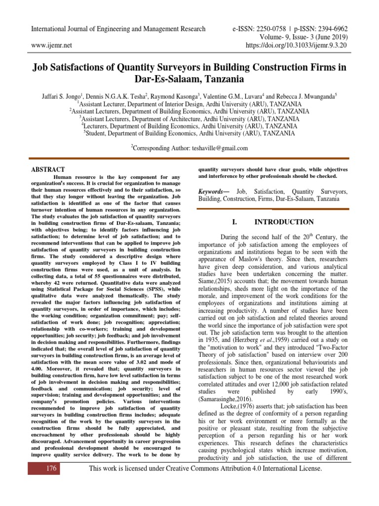 Job Satisfactions of Quantity Surveyors in Building Construction Firms