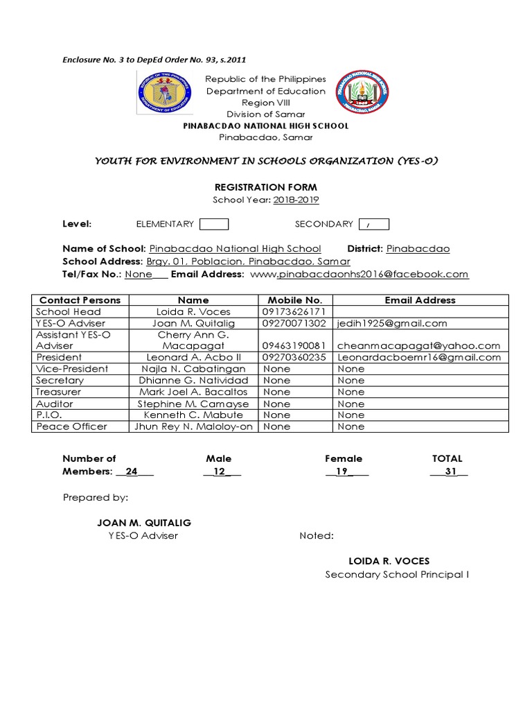 YES-O Registration Form 2018-2019 | PDF