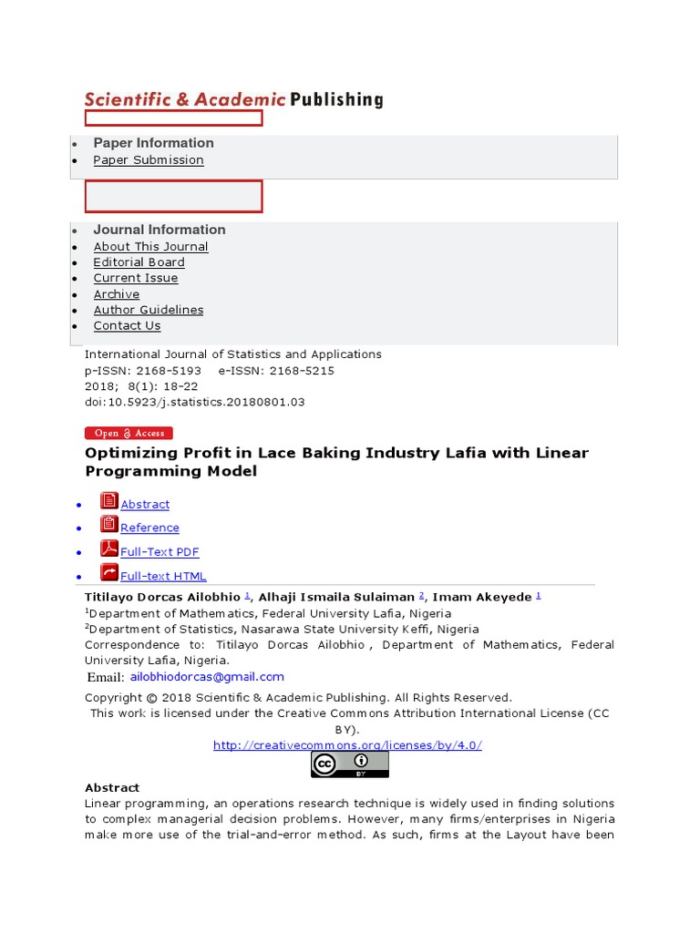 Paper information optimizing profit in lace baking industry lafia with