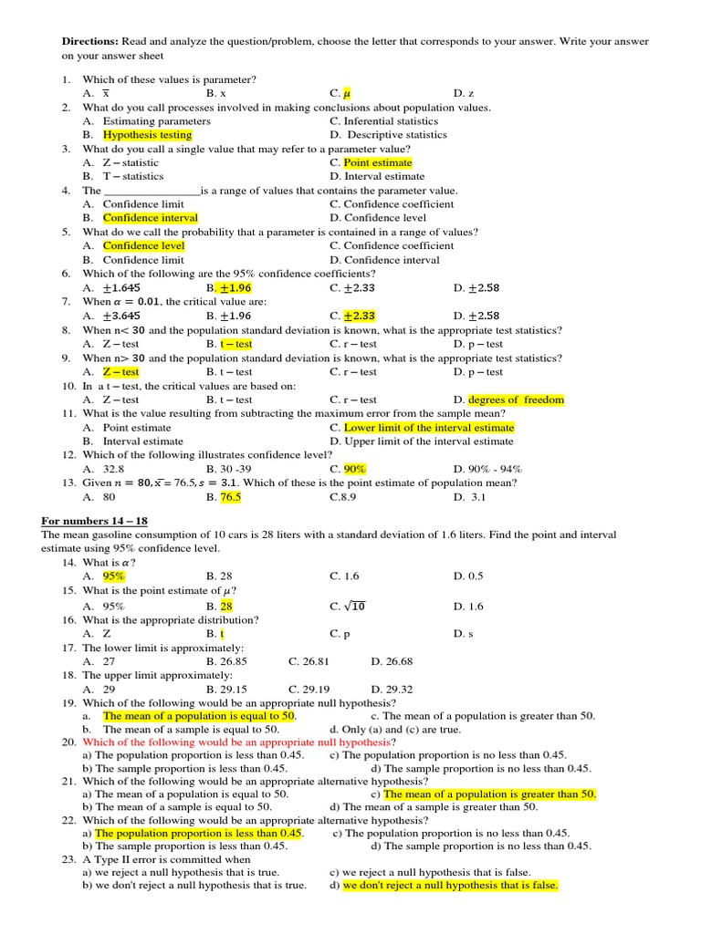 Statistics Exam Questions and Answers | PDF | Type I And Type Ii Errors ...