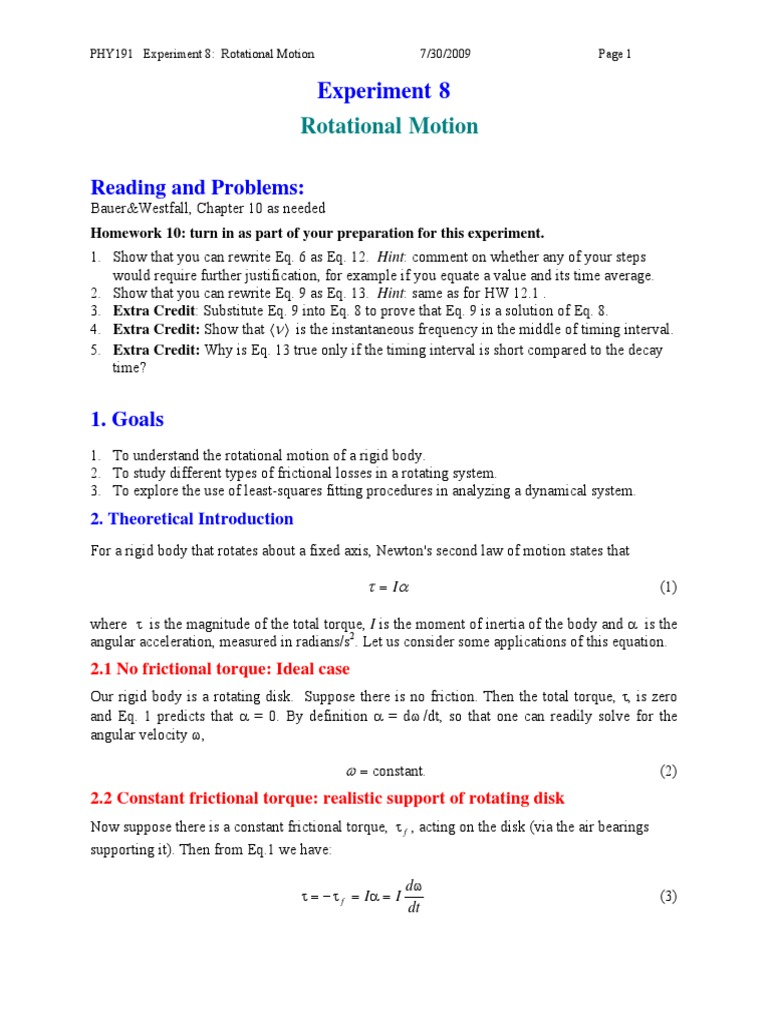 Rotational Motion Experiment 8 PDF Rotation Around A Fixed Axis