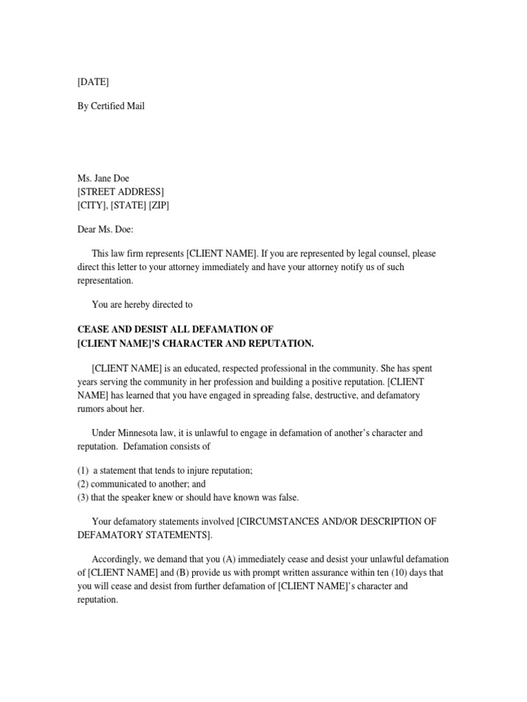 Fastest Sample Letter To Stop Defamation Of Character For Cease And Desist Letter Template Defamation
