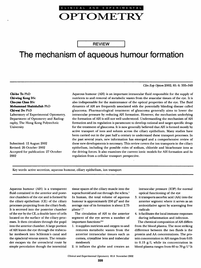 Optometry: Mechanism of Aqueous Humour Formation | PDF | Glaucoma ...