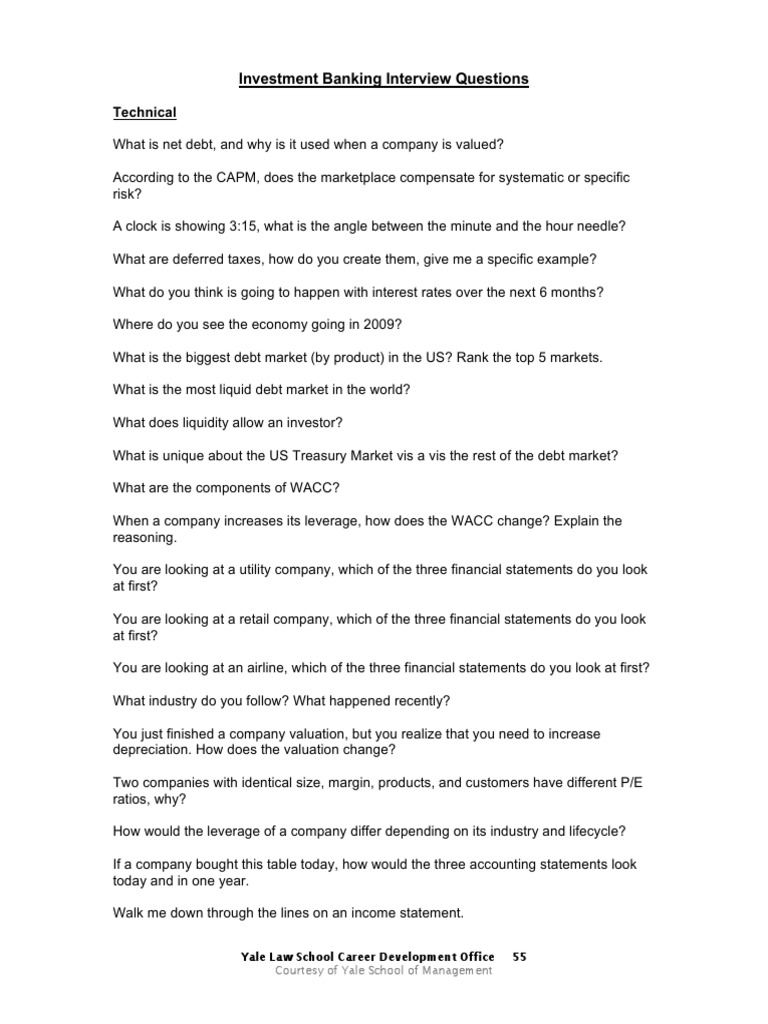 Investment Banking Interview Questions Technical PDF Debt