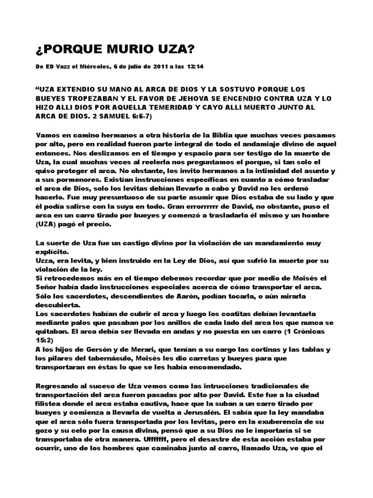 La muerte de Uza y su lección divina | PDF | Arca de la Alianza | David
