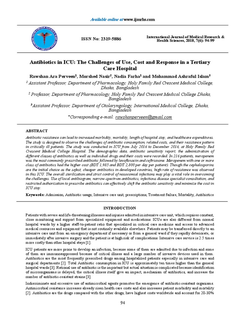Antibiotics in Icu The Challenges of Use Cost and Response in A ...