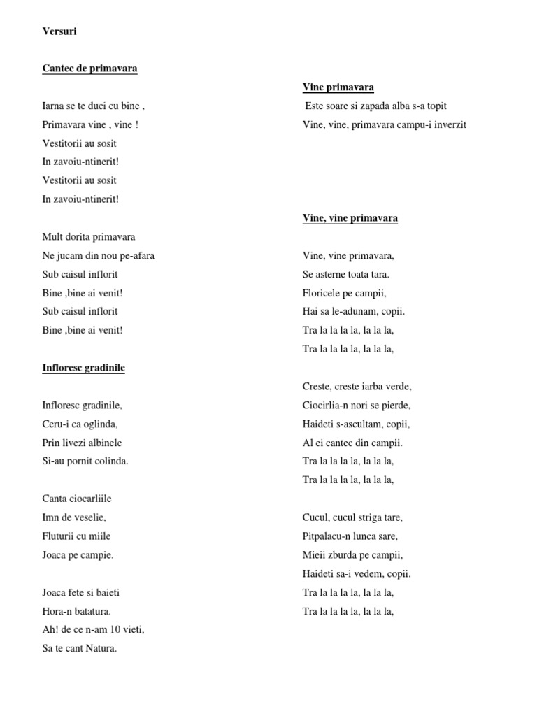 Versuri Cantec Primavara | PDF