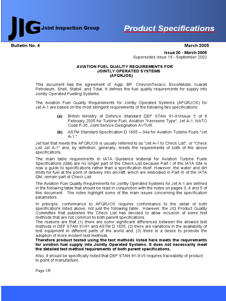 AFQRJOS Aviation Fuel Standards | PDF | Jet Fuel | Oil Refinery