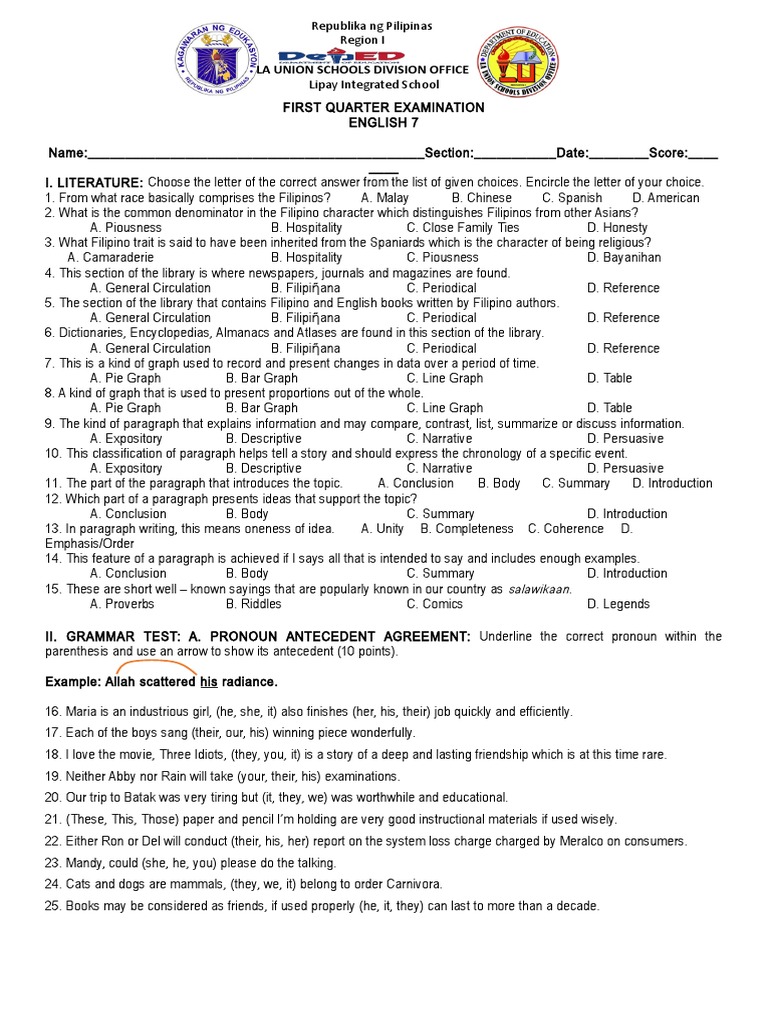 Grade 7 English Quarter 1 Exam Guide | PDF | Science