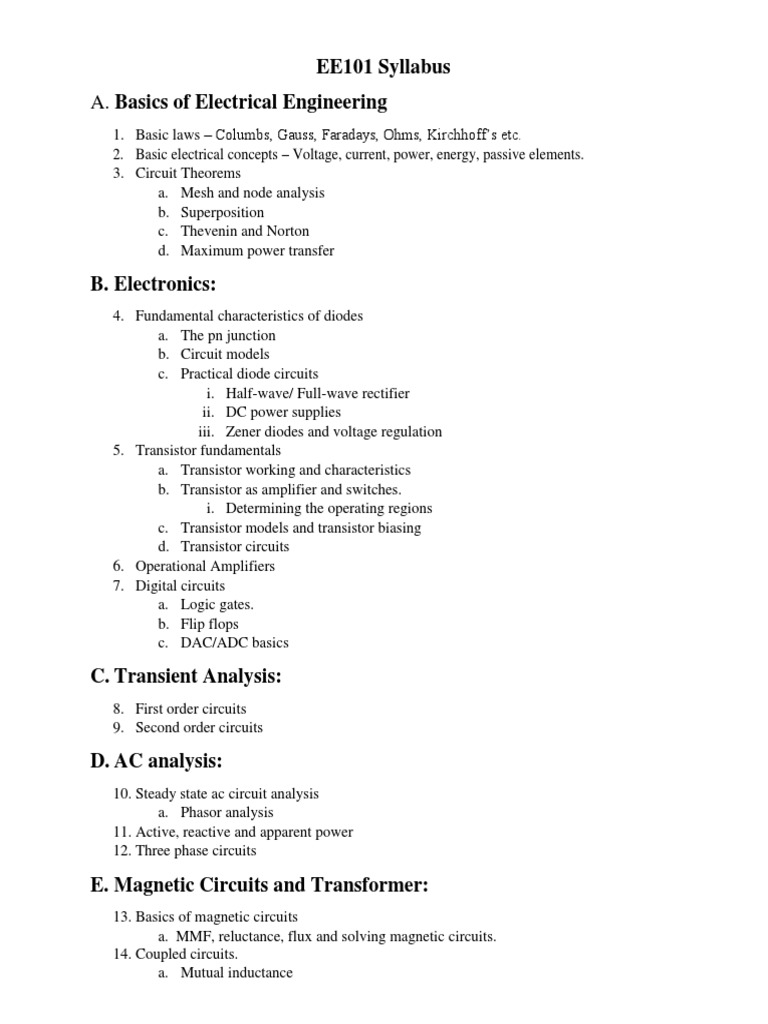EE101 Syllabus Electrical Engineering Basics PDF