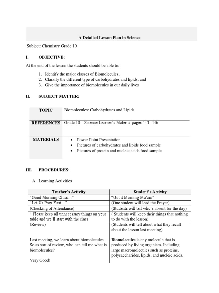 Lesson Plan Grade 8 Biomulecules Biomolecules Carbohydrates