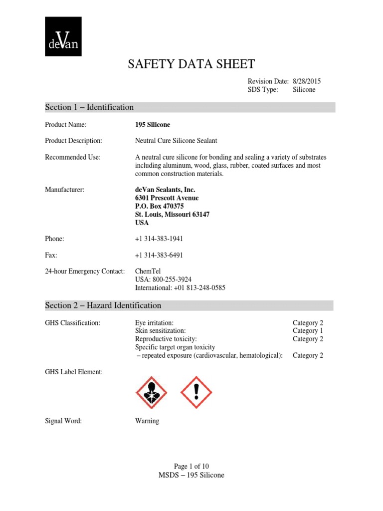 195-neutral-cure-silicone-sealant-sds-pdf-dangerous-goods-safety