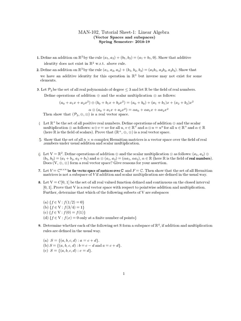 T1 Vector Spaces 1 1 Linear Subspace Matrix Mathematics