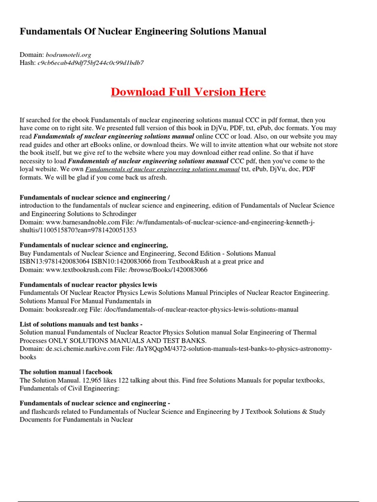 Full Version Here Fundamentals Of Nuclear Engineering Solutions Manual Engineering Physics