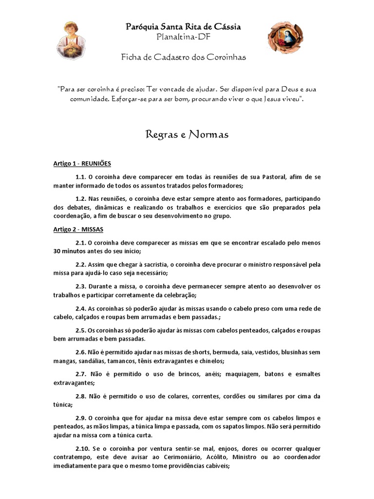 Regras e Cadastro para Coroinhas | PDF | Missa (liturgia) | Eucaristia