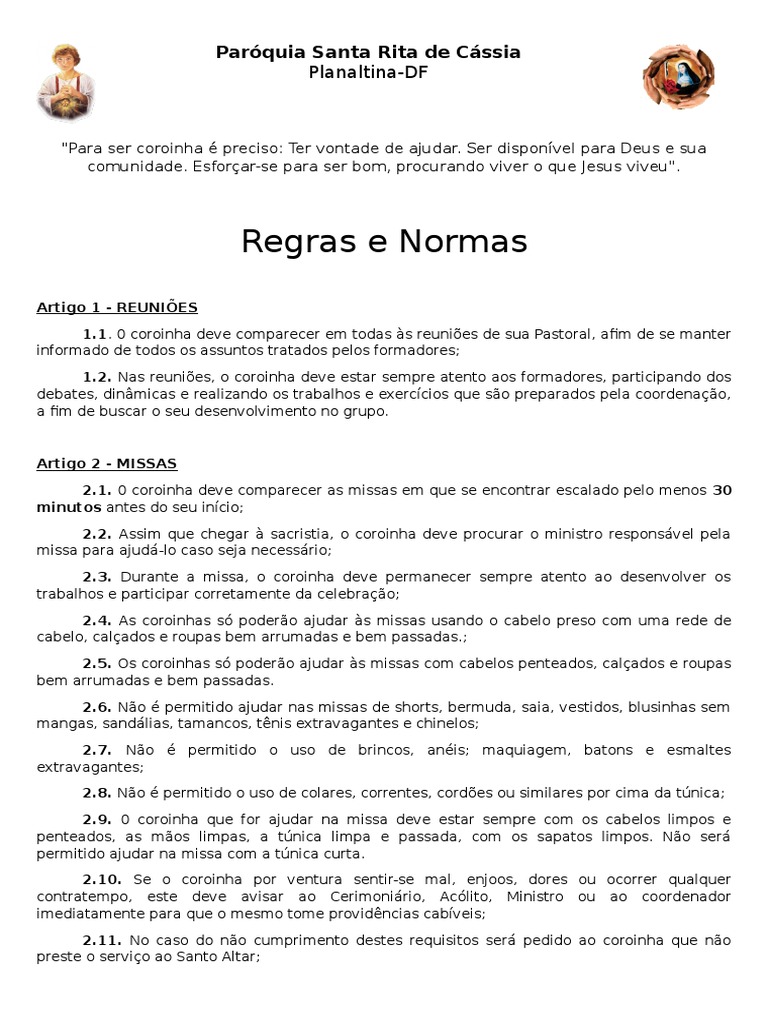 Regras e Funções dos Coroinhas | PDF | Missa (liturgia) | Eucaristia